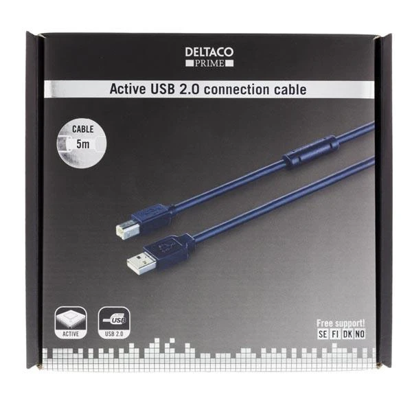Kabelis DELTACO USB 2.0 "AB", 5.0m, aktyvus, juodas / USB-EX05M