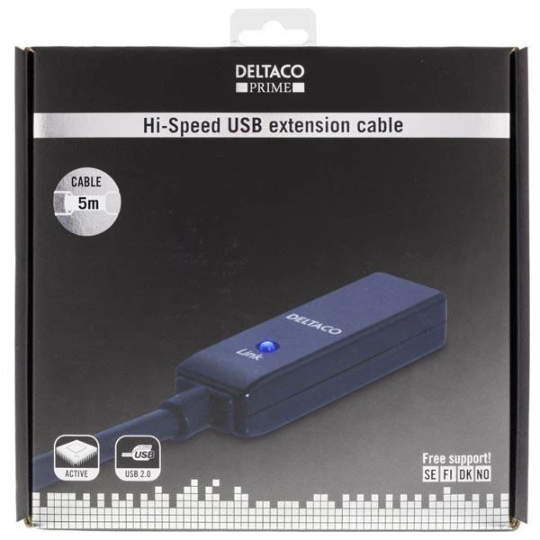 Kabelis DELTACO USB 2.0 ilgintuvas, 5.0m, aktyvus, juodas / USB2-EX5M
