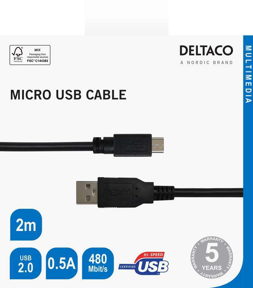 Kabelis DELTACO USB 2.0 Micro B, 2.4A, 2m juodas / USB-302S-K / R00140009