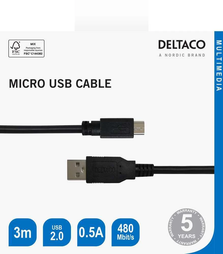 Kabelis DELTACO USB 2.0 Micro B, 2.4A, 3m, juodas / USB-303S-K / R00140010