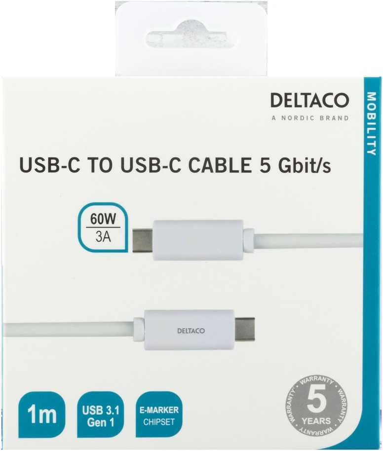 Kabelis DELTACO USB-C į USB-C, 1m, USB 3.1 Gen, E-Marker, 3A, baltas / USBC-1059M