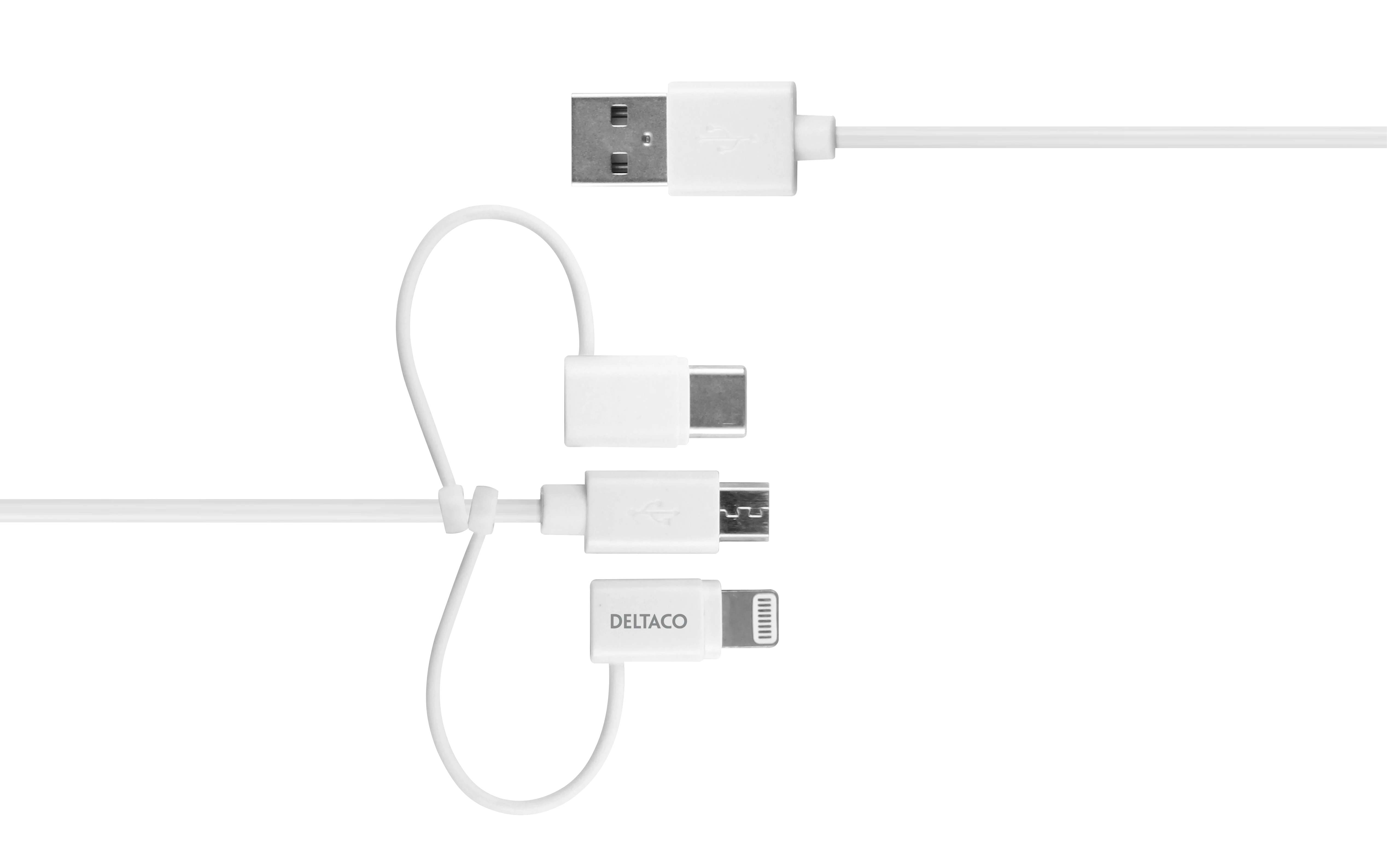 Kabelis DELTACO USB-C / Micro USB / Lightning į USB-A, 1m, Apple C189 chipsetm FSC ženklinta pakuotė, baltas / IPLH-441