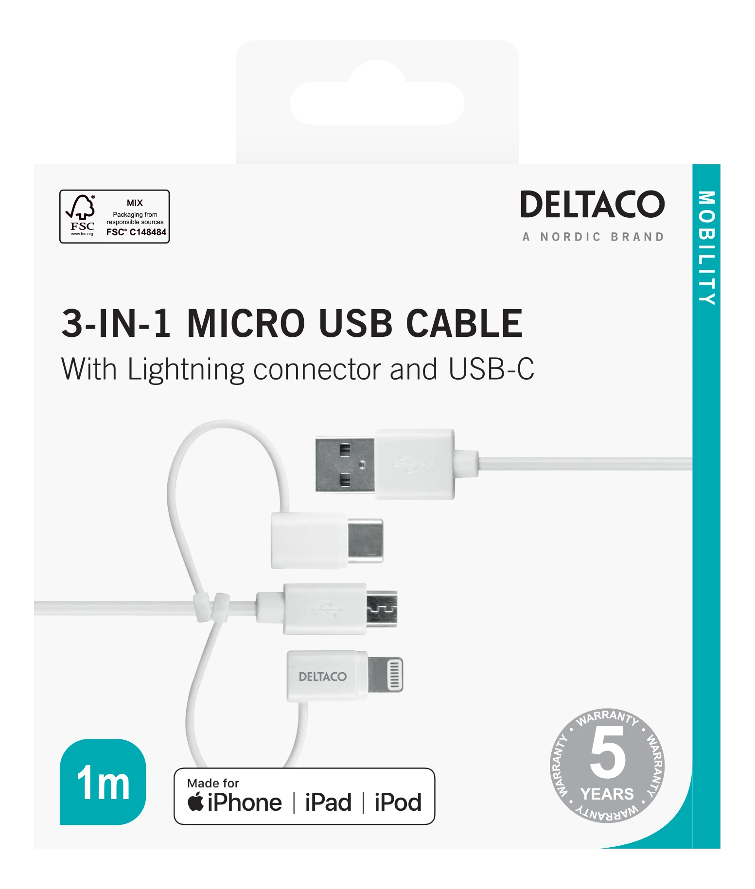 Kabelis DELTACO USB-C / Micro USB / Lightning į USB-A, 1m, Apple C189 chipsetm FSC ženklinta pakuotė, baltas / IPLH-441