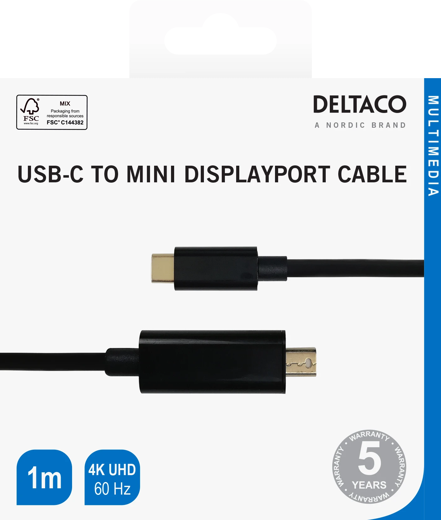 Dymo Kabelis DELTACO USB-C - miniDisplayPort, 4K UHD, paauksuotos jungtys, 1m, juodas / USBC-DP102-K / R00140014