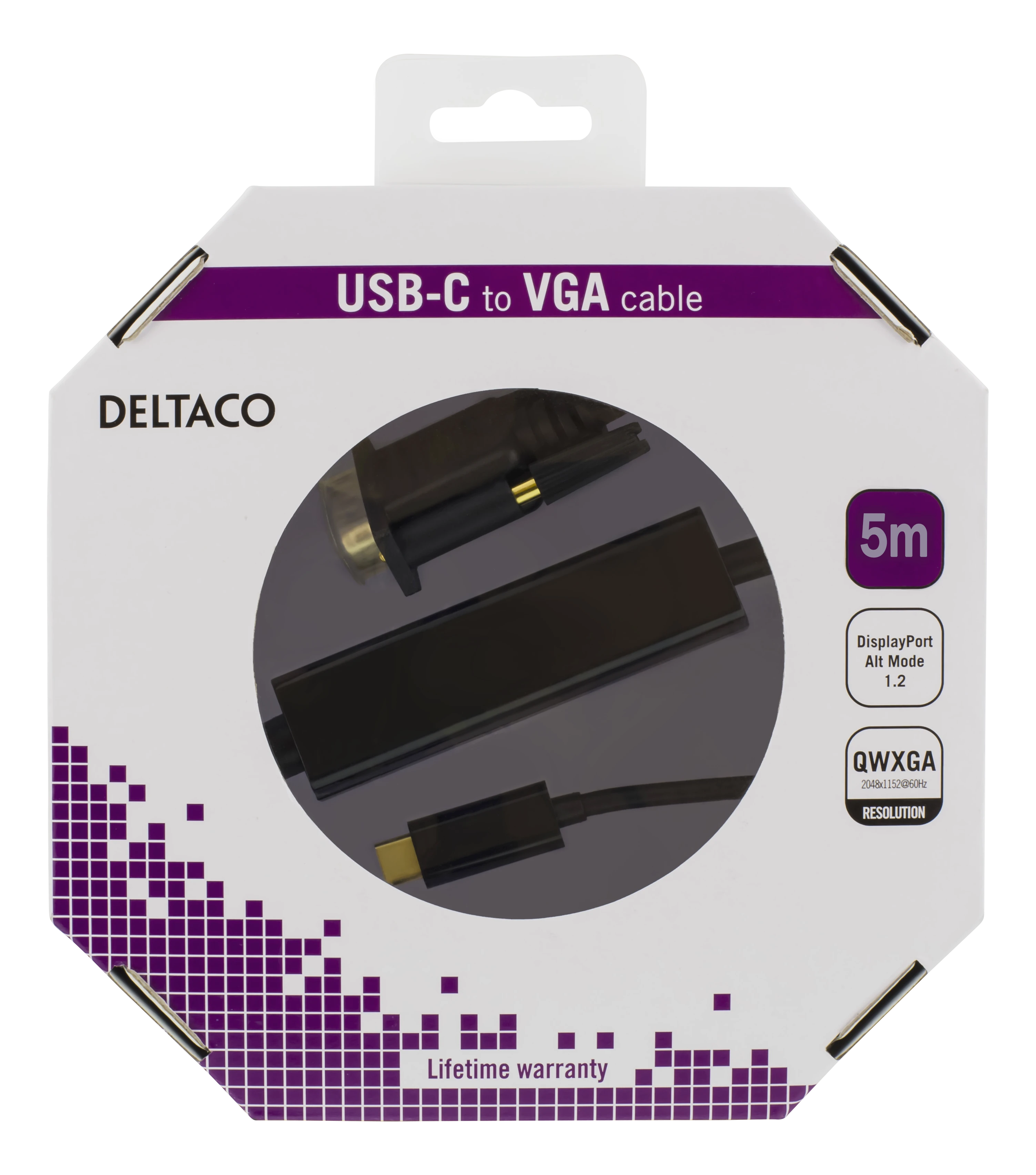 Deltaco USB-C į VGA kabelis pakuotėje