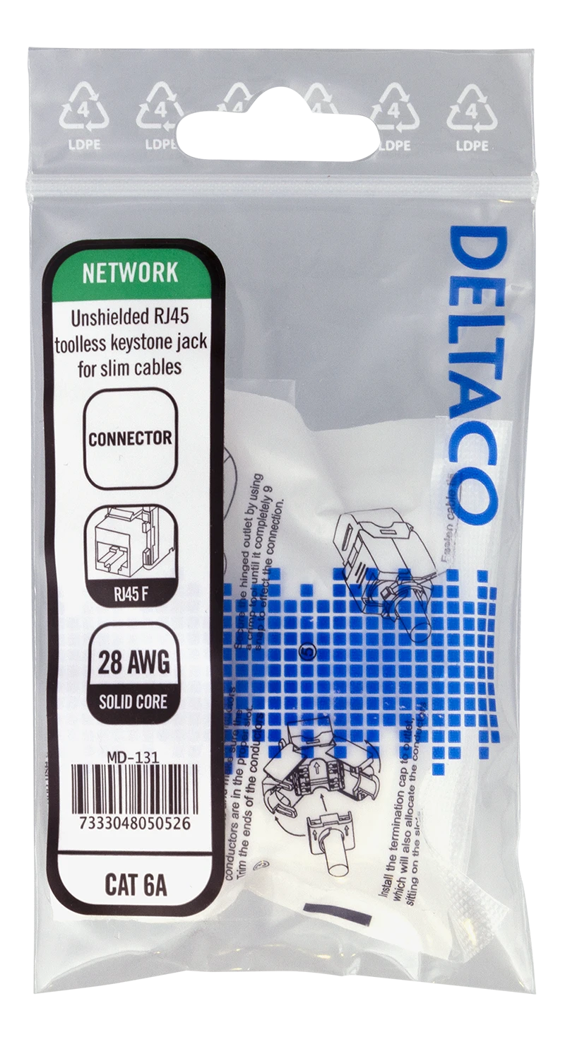 Keystone jungtis DELTACO UTP Cat6a, neekranuota, 28AWG, plona / MD-131