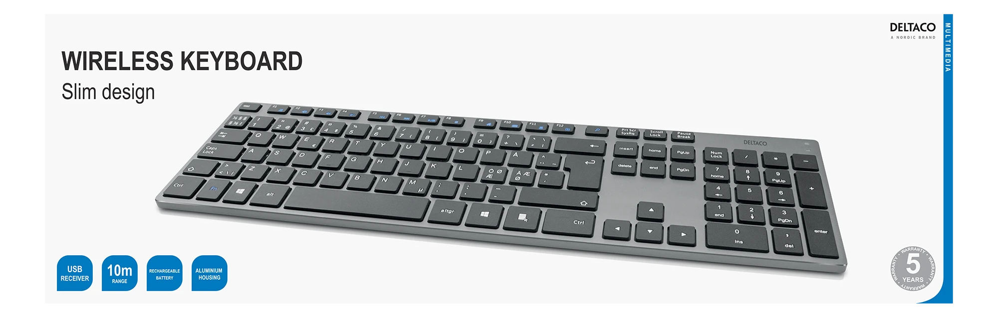 Klaviatūra Deltaco Bevielė plona ofiso kaviatūra DELTCO 2.4 GHz, USB, aliuminė, Nordic išdėstymas, tamsiai pilka / TB-802