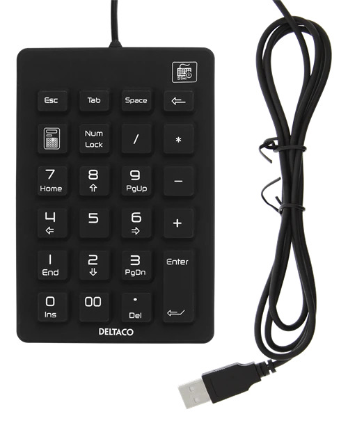 Skaitmeninė silikoninė klaviatūra DELTACO IP68, 23 klavišai, USB laidas 1,8 m, juoda / TB-510