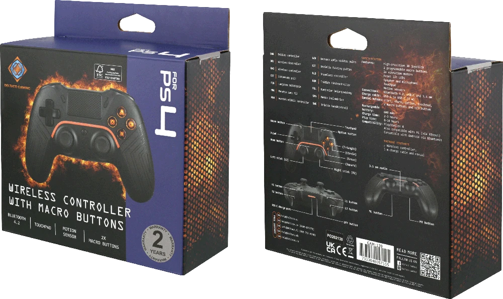PS4/PC/Android/iOS valdiklis DELTACO GAMING Bluetooth, 2 programuojami makrokomandos mygtukai, juodas / GAM-139