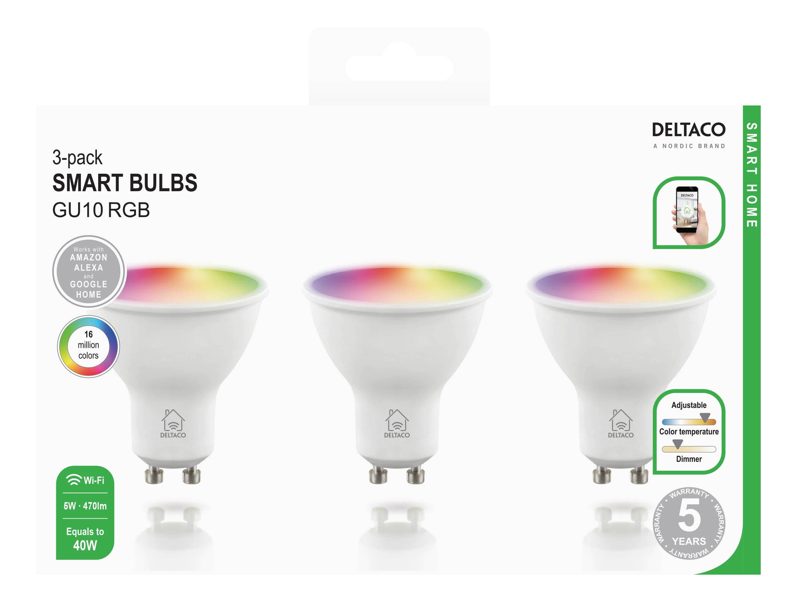 LED išmanioji lemputė DELTACO SMART HOME 3 vnt. pakuotėje, GU10, WiFI 2.4GHz, 5W, 470lm, pritemdoma, 2700K-6500K, 220-240V, RGB / SH-LGU10RGB-3P