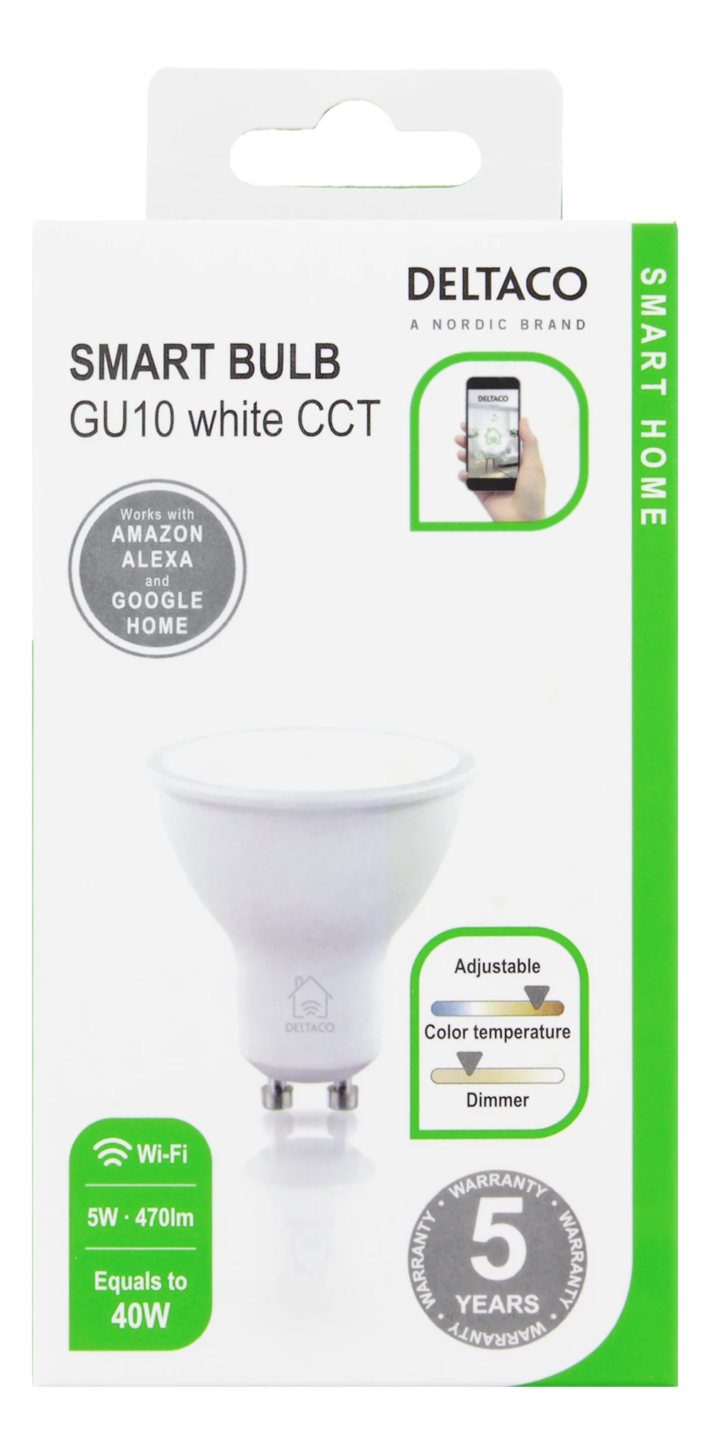 LED lempa DELTACO SMART HOME GU10, WiFI 2.4GHz, 5W, 470lm, 2700K-6500K, 220-240V, balta / SH-LGU10W