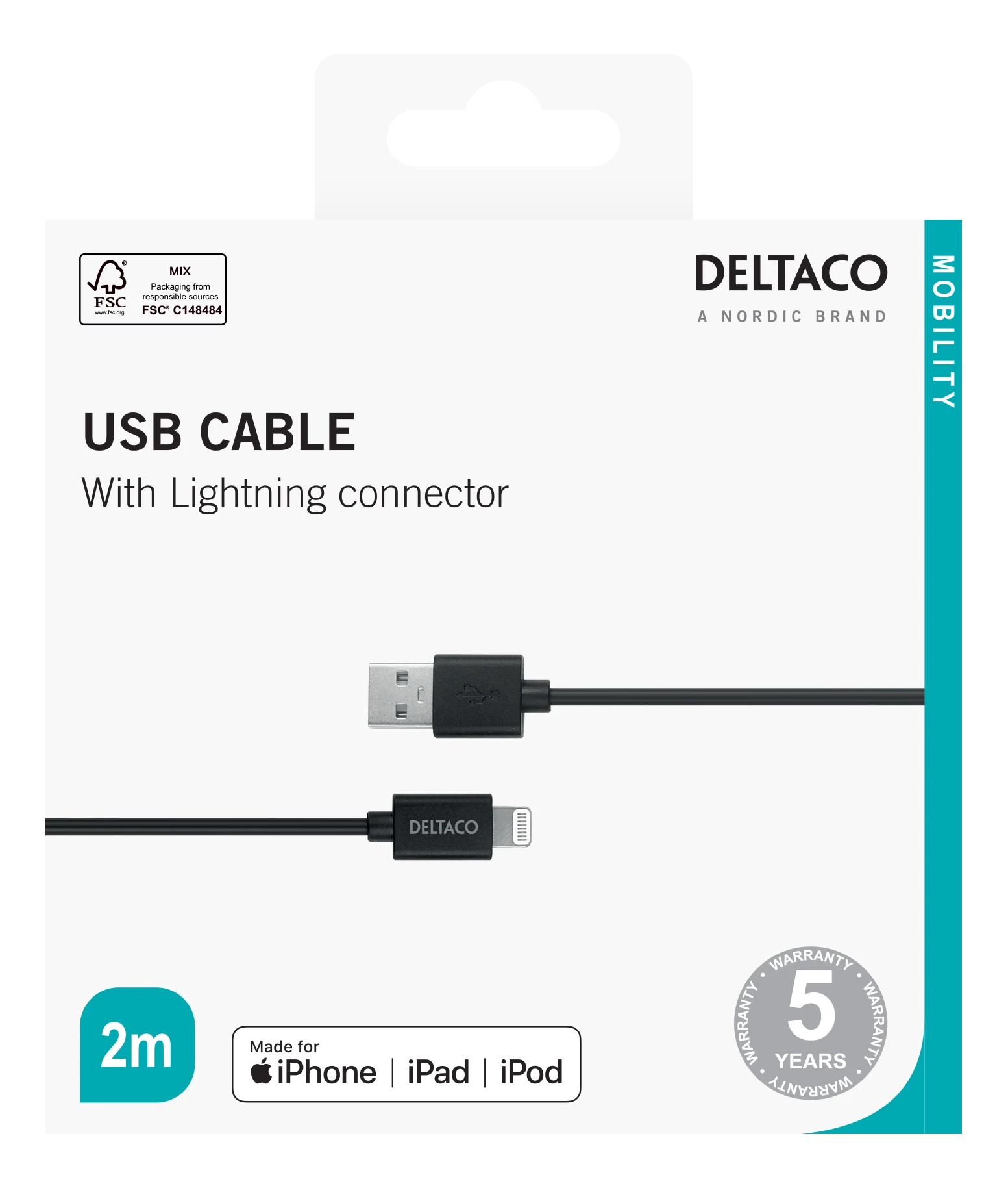 Lightning kabelis DELTACO 2m, Apple C189 chipset, MFi, FSC ženklinta pakuotė, juodas / IPLH-412