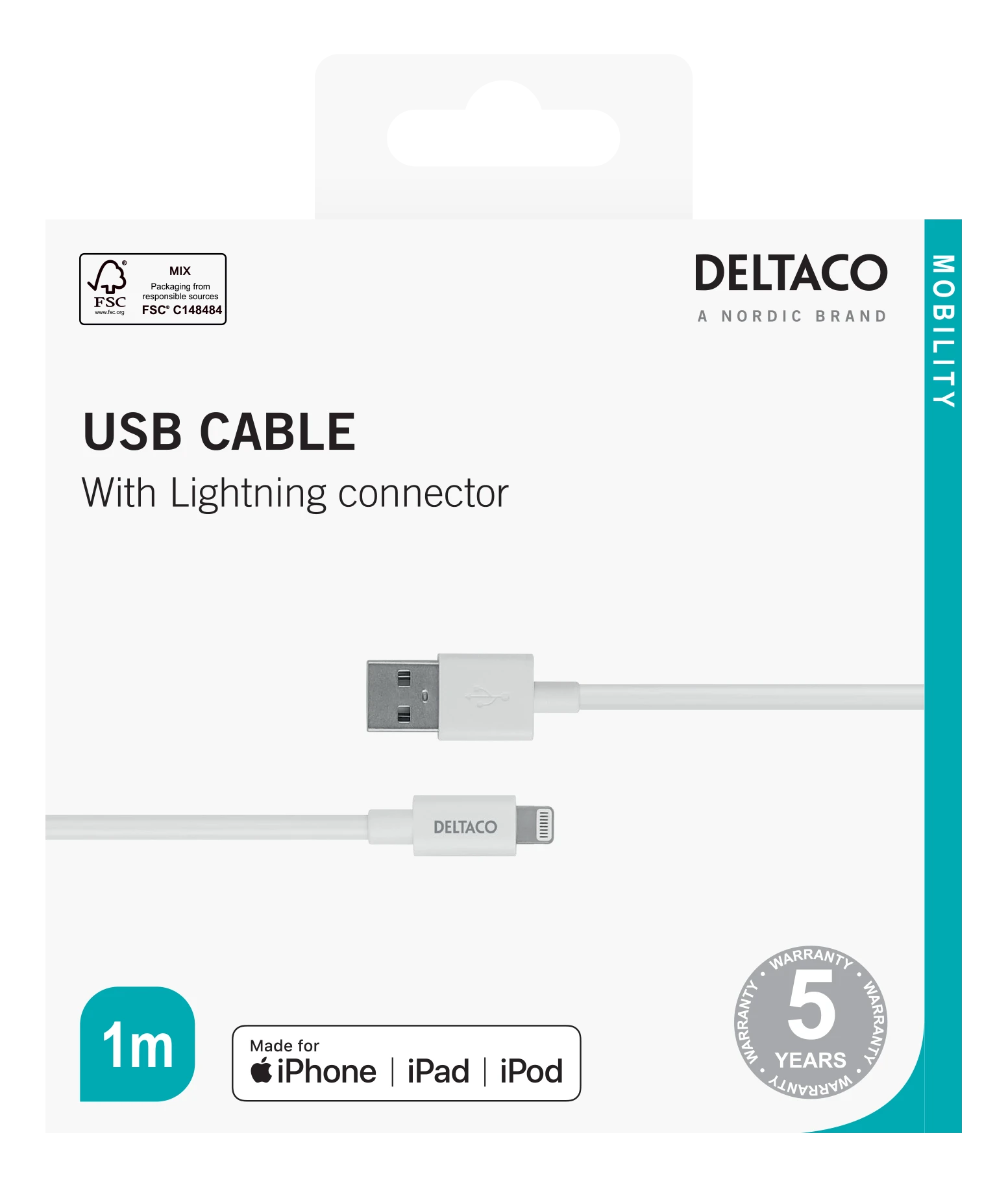 Lightning kabelis DELTACO USB-A -Lightning, 1m, Apple C189 chipset, MFi, FSC ženklinta pakuotė, balta / IPLH-401