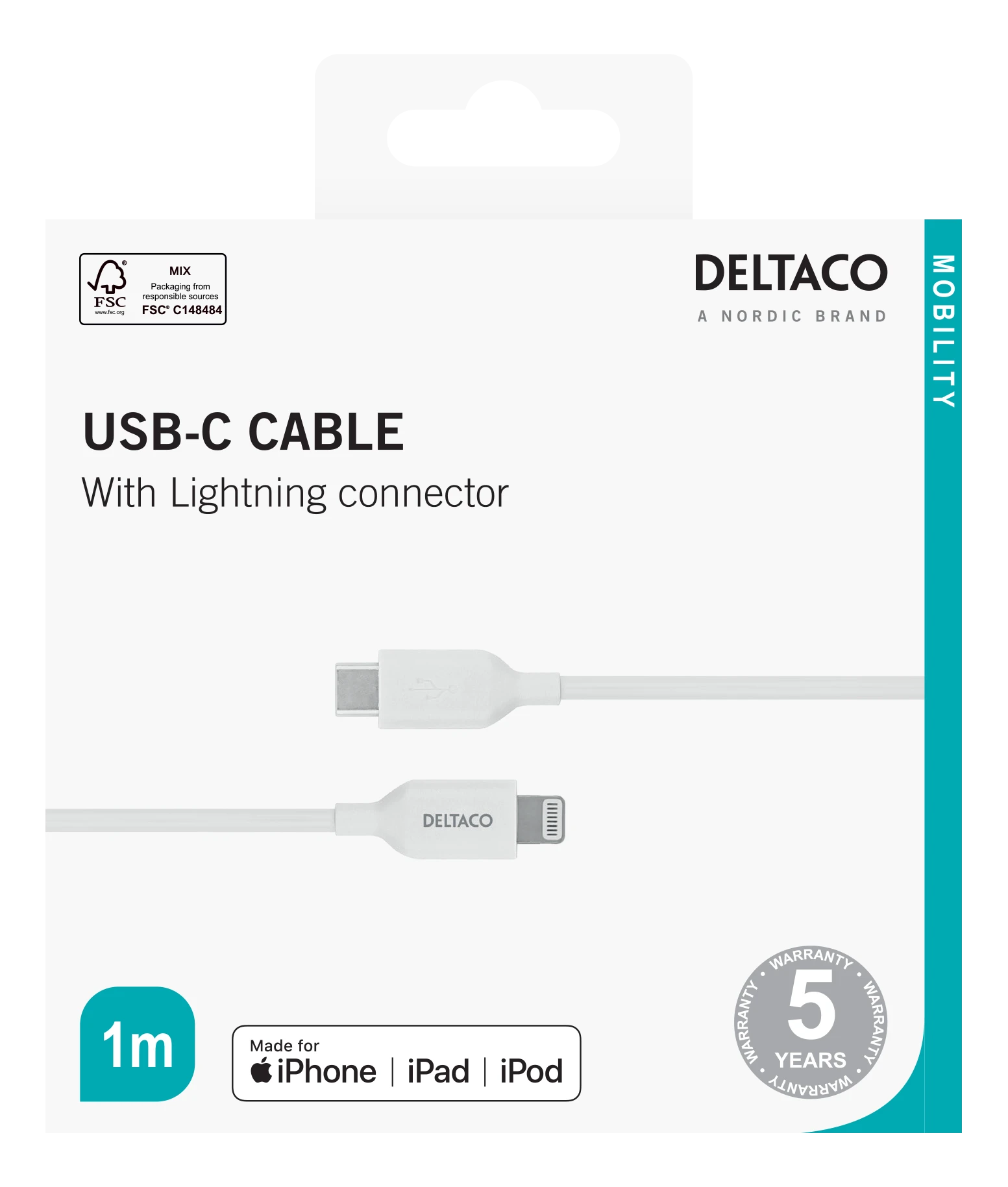 Lightning kabelis DELTACO USB-C - Lightning, 1m, Apple C94 chipset FSC ženklinta pakuotė, baltas / IPLH-451