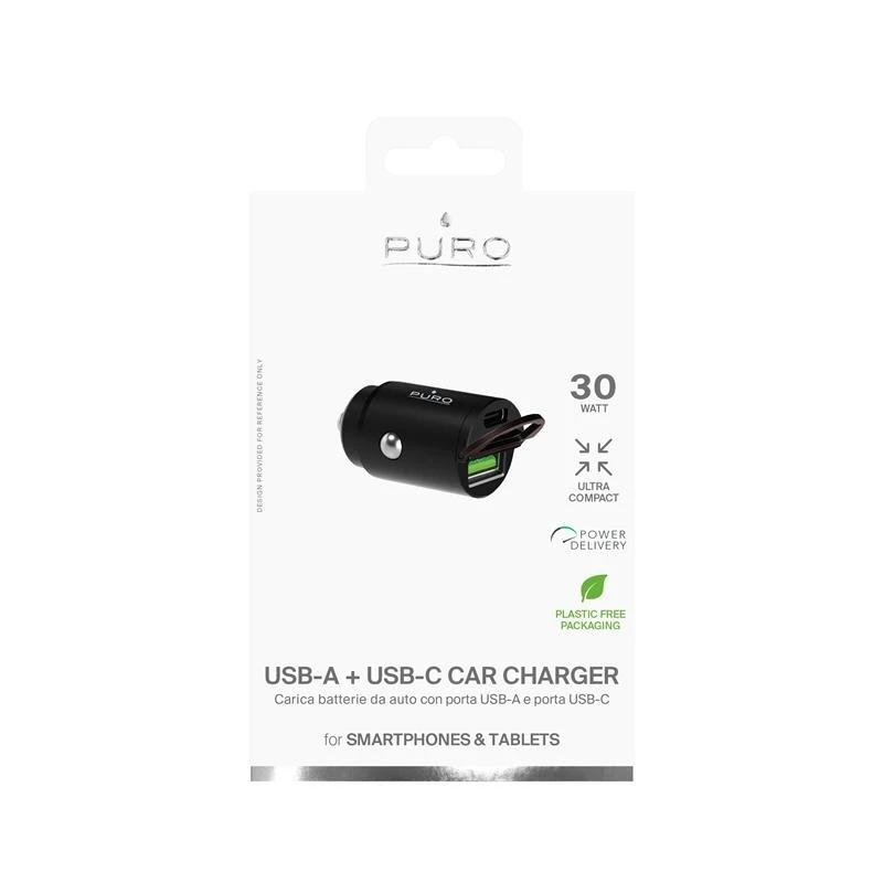 Nezatříděno Mini mašininis greitasis kroviklis PURO 1 x UAB-A, 1 x USB-C, PD, 30W, juodas / FCMCHUSBAC30WBLK