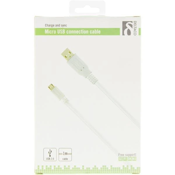Mob. telefono kabelis DELTACO USB 2.0 "A-micro B", 1.0m, baltas / MICRO-100