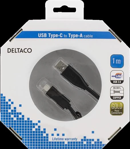 Mob. telefono kabelis DELTACO USB 2.0 "CA", 1.0m, juodas / USBC-1004-K