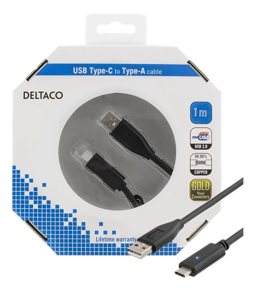 Mob. telefono kabelis DELTACO USB 2.0 "CA", 1.0m, juodas / USBC-1004-K