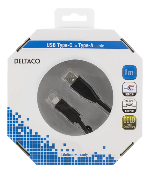 Mob. telefono kabelis DELTACO USB 2.0 "CA", 1.0m, juodas / USBC-1004-K