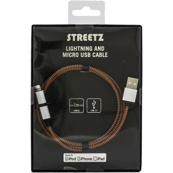 Deltaco Mob. telefono kabelis STREETZ USB-microUSB+Lightning, 1.0m, oranžinis / IPLH-241