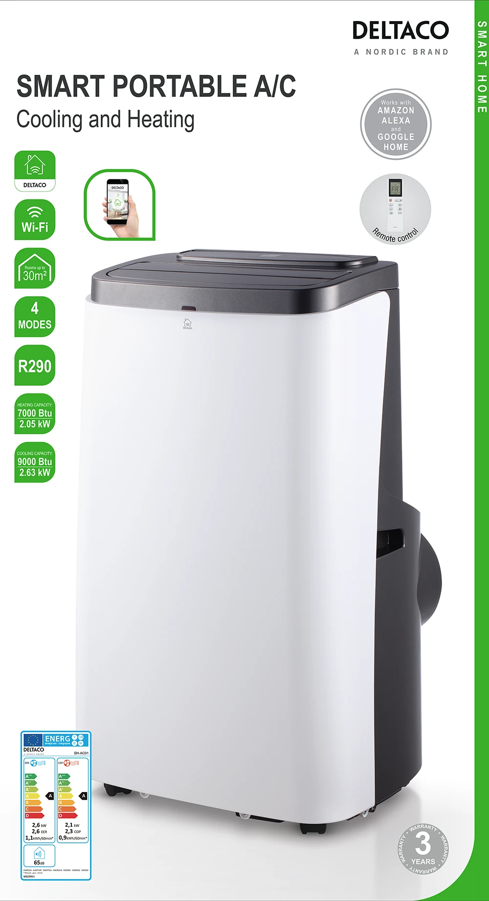 Mobilus oro kondicionierius DELTACO SMART HOME, šaldymas/šildymas, R290, valdymas per programėlę (SH-AC01)