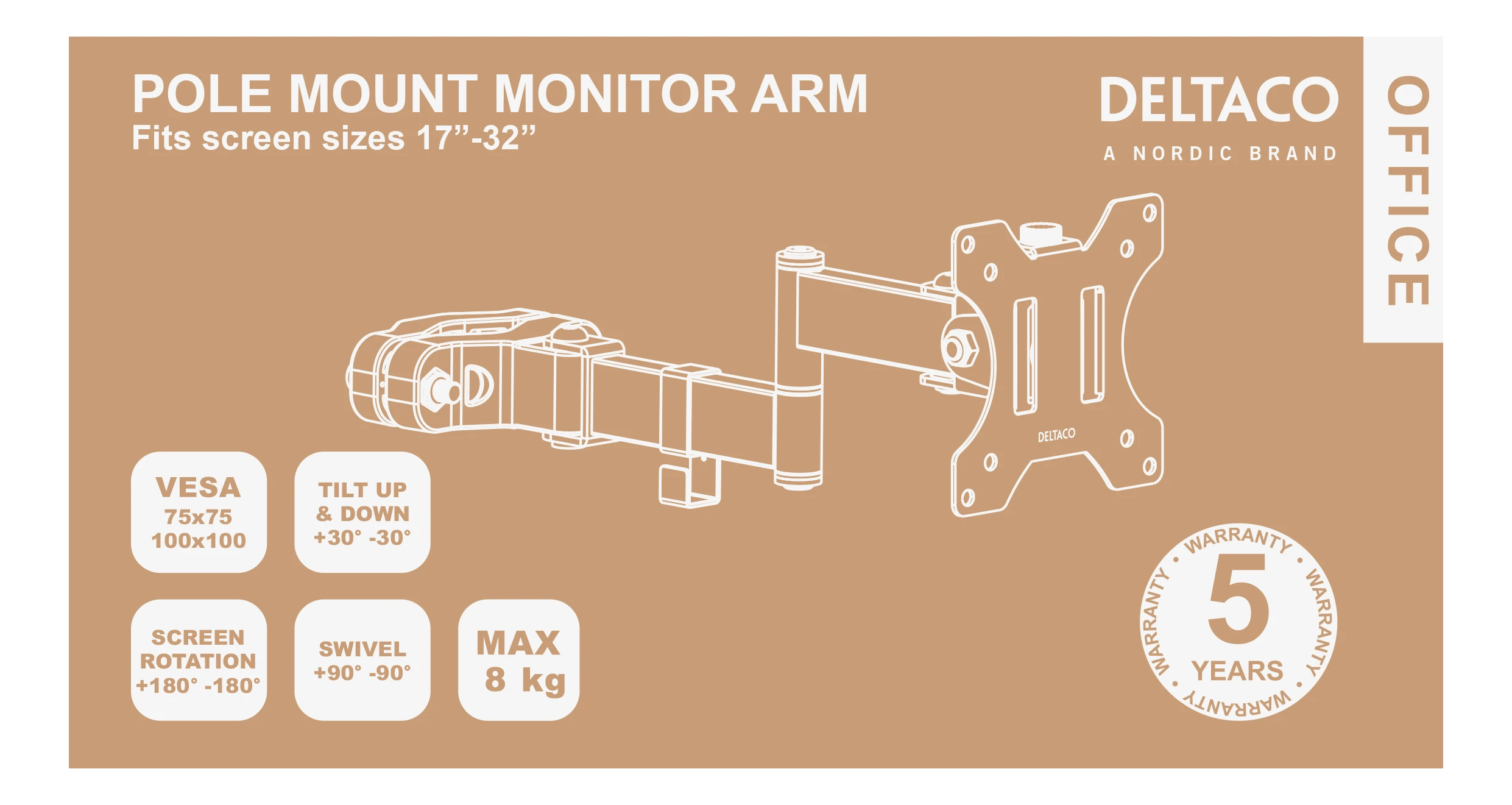Monitoriaus laikiklis DELTACO OFFICE skirtas montuoti ant stulpo, 17-32", iki 8kg, pakreipiamas, pasukamas, apsukamas, juoda / ARM-0305