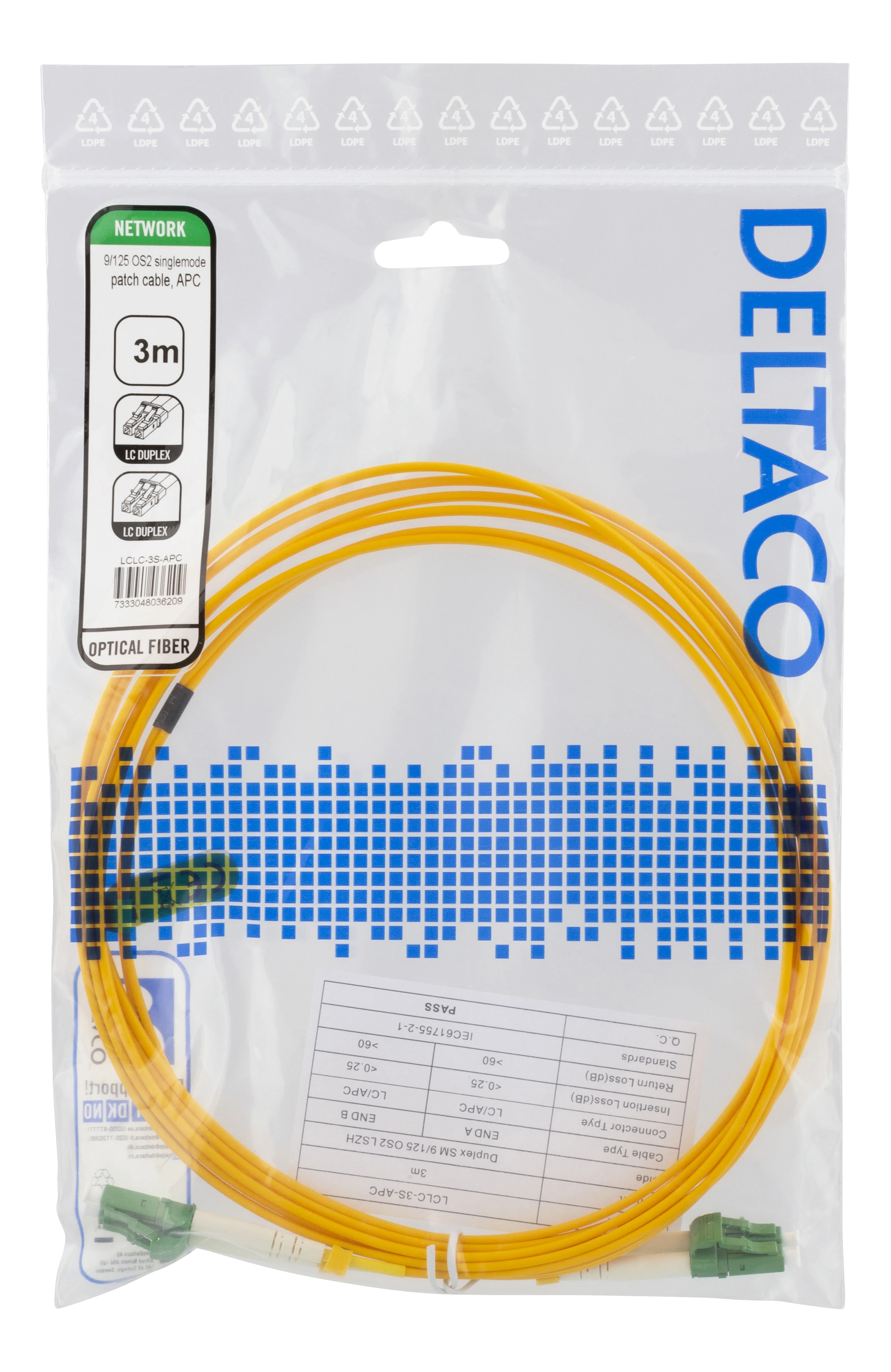 Optinis kabelis DELTACO LC - LC, duplex, singlemode, APC, 9/125, 3m / LCLC-3S-APC