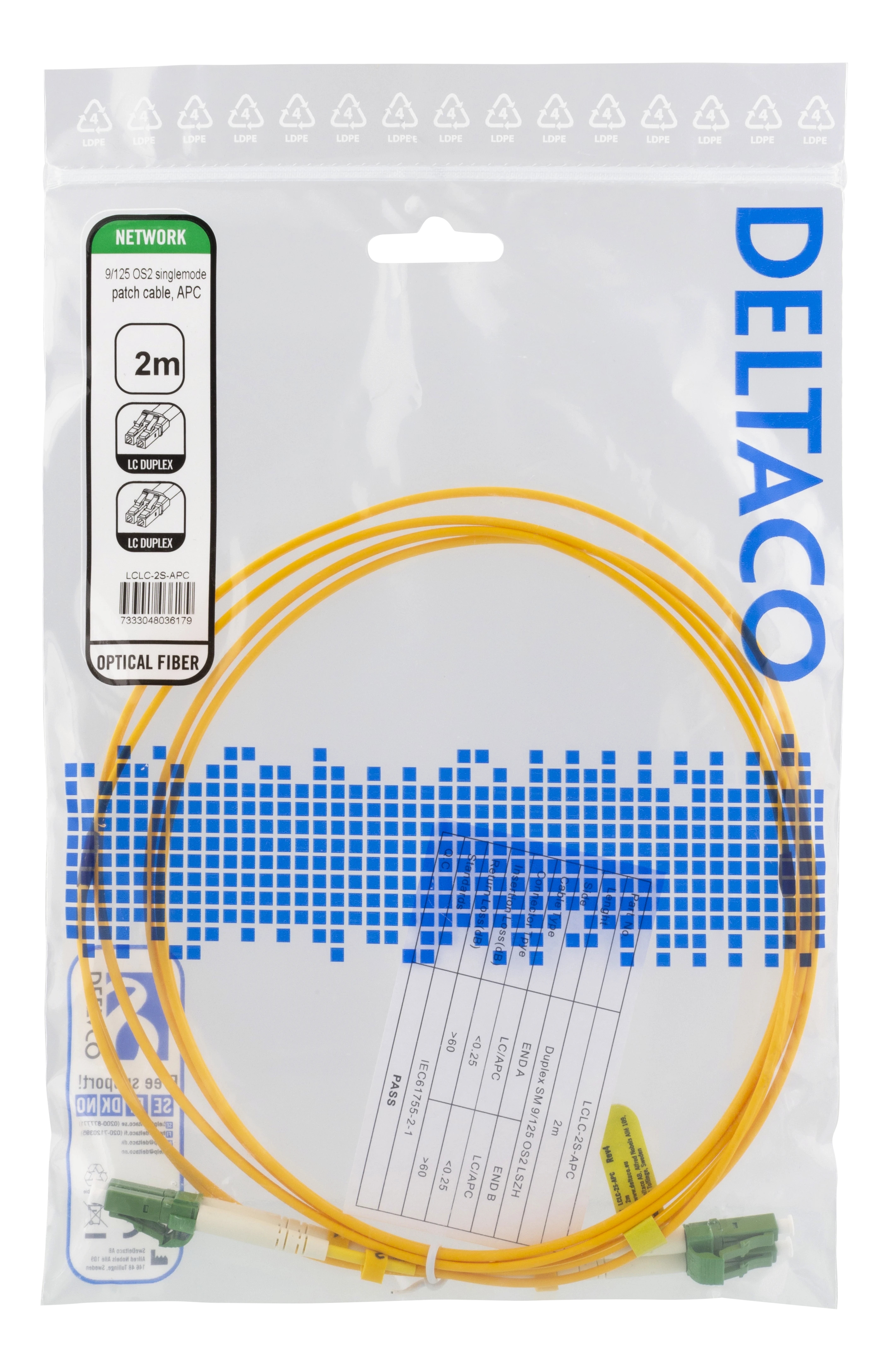 Optinis kabelis DELTACO LC - LC, duplex, singlemode, APC, 9/125, 2m / LCLC-2S-APC