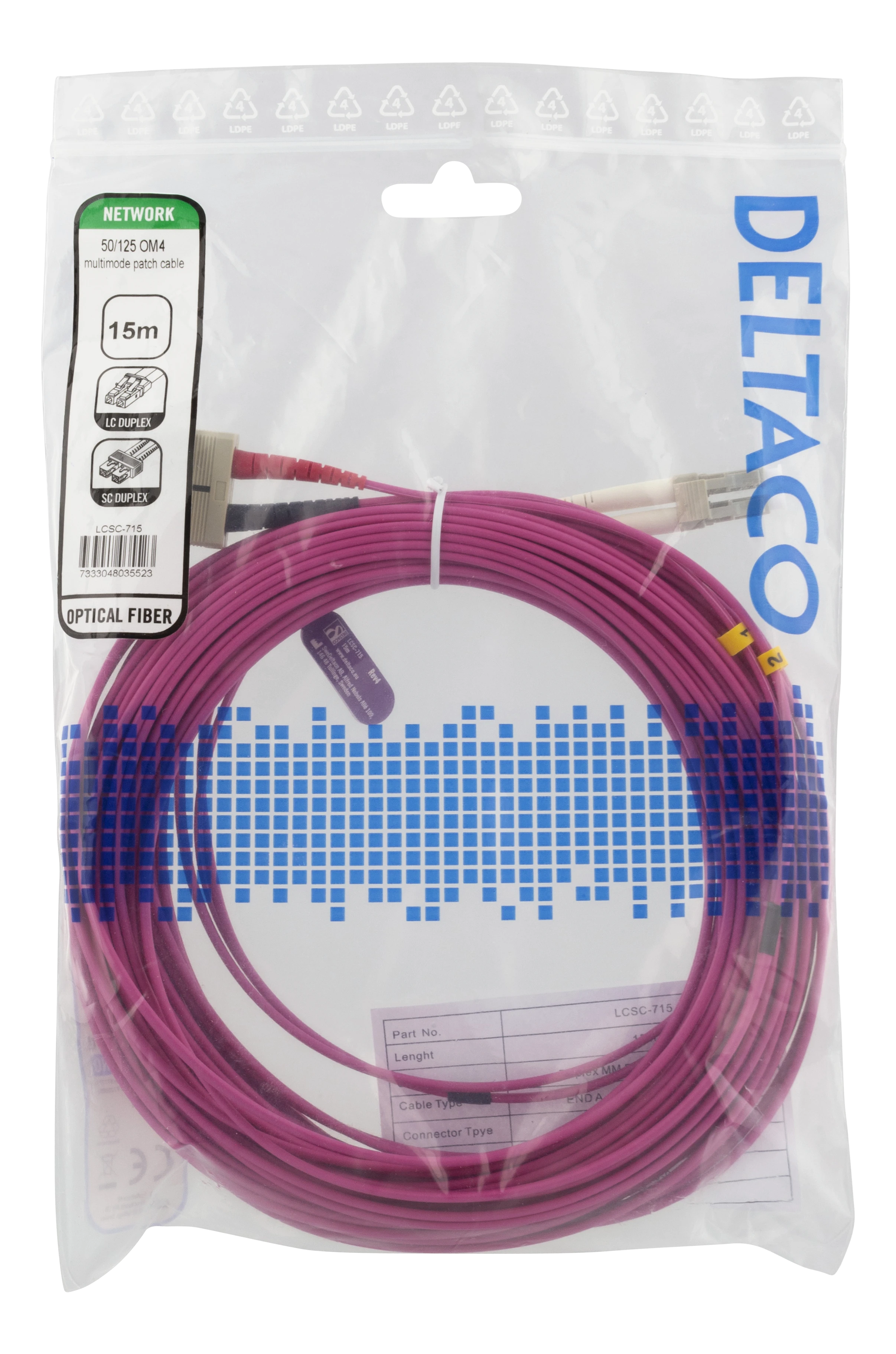 Optinis kabelis DELTACO OM4, LC - SC, duplex, multimode, 50/125, 15m / LCSC-715