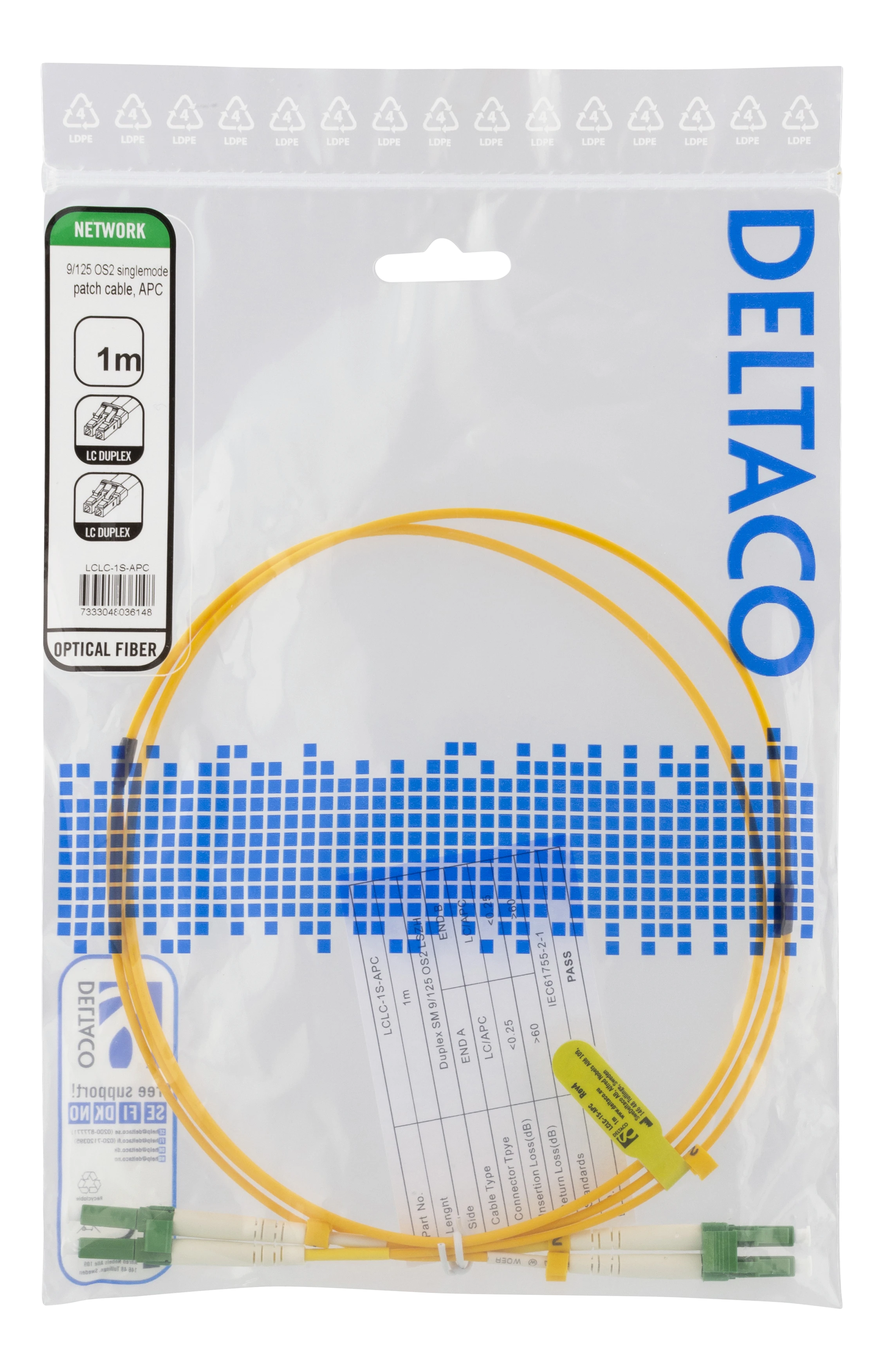 Optinis kabelis DELTACO OS2, LC - LC, dvipusis, vienmodis, APC, 9/125, 1m / LCLC-1S-APC