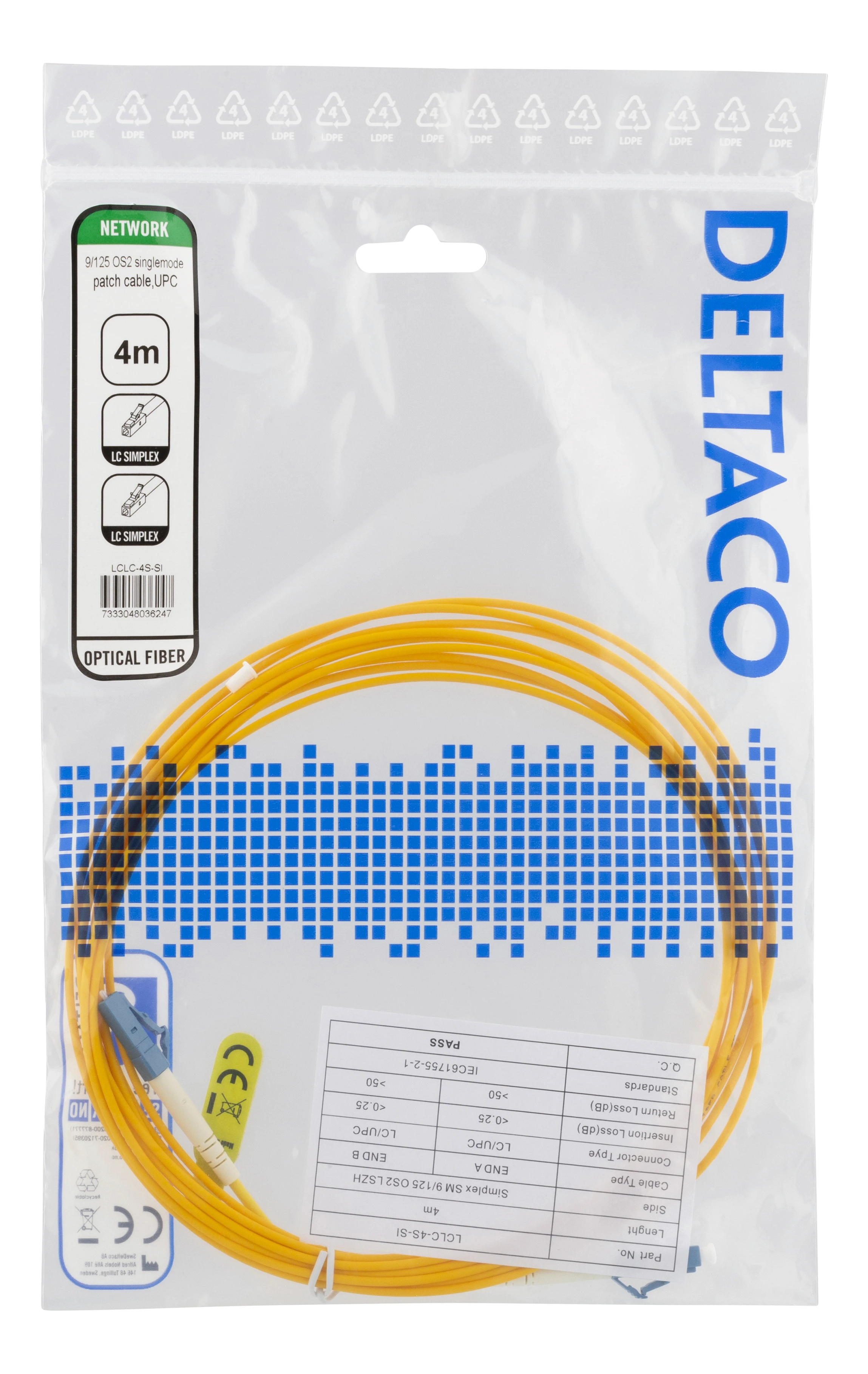 Optinis kabelis DELTACO OS2, LC - LC, simplex, singlemode, UPC, 9/125, 4m / LCLC-4S-SI