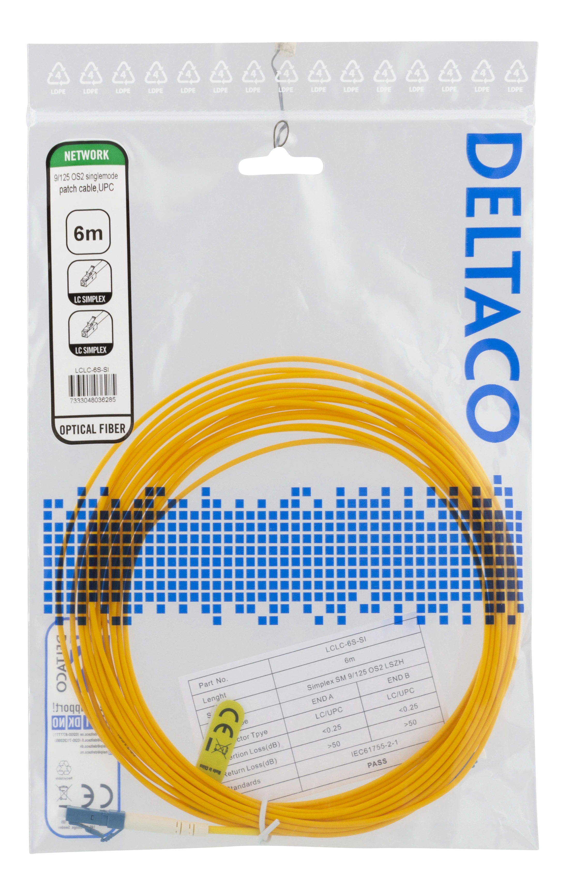 Optinis kabelis DELTACO OS2, LC - LC, simpleksas, vienmodis, UPC, 9/125, 6m / LCLC-6S-SI