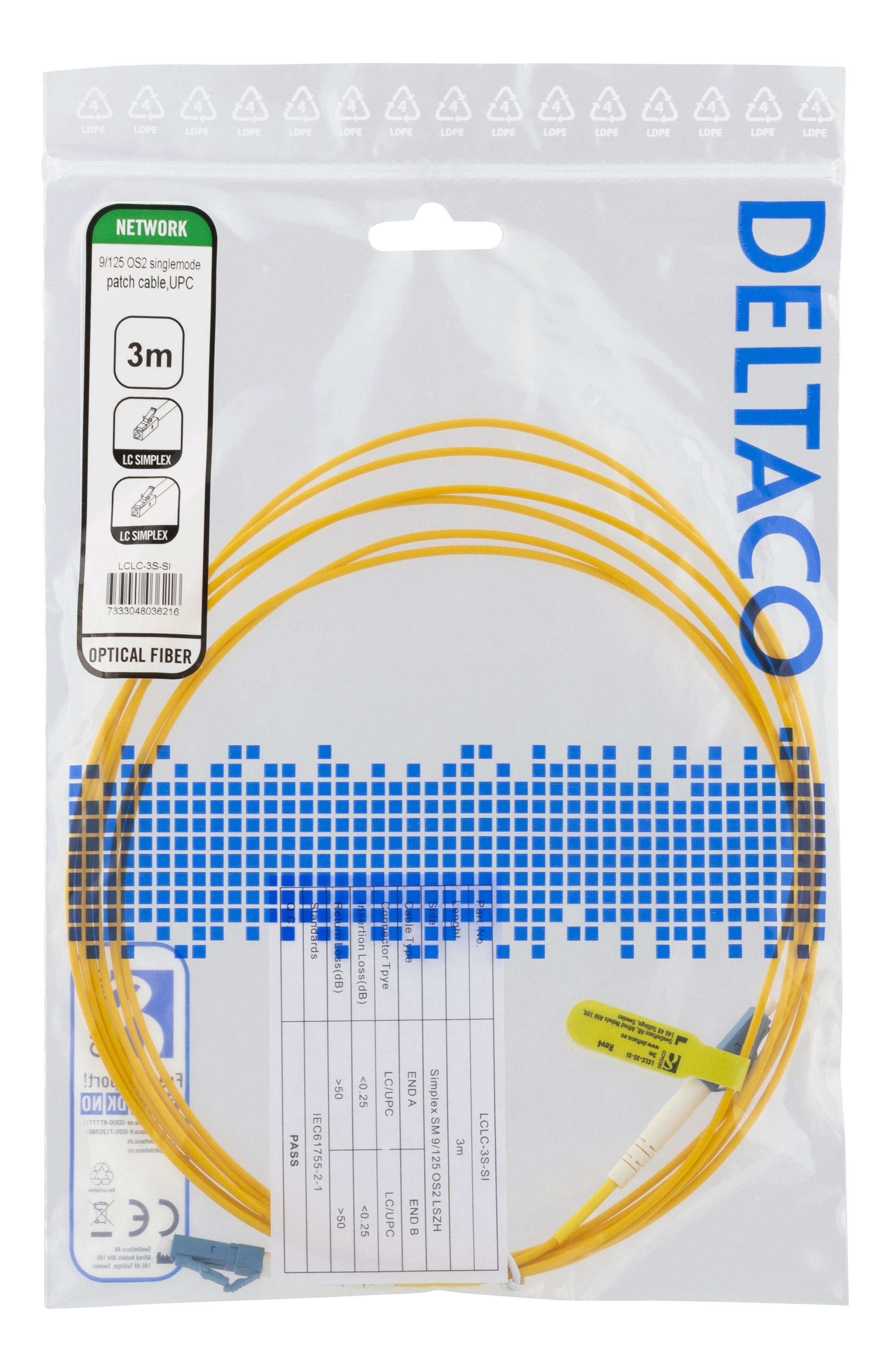 Optinis kabelis DELTACO OS2, LC - LC, simplex, singlemode, UPC, 9/125, 3m / LCLC-3S-SI