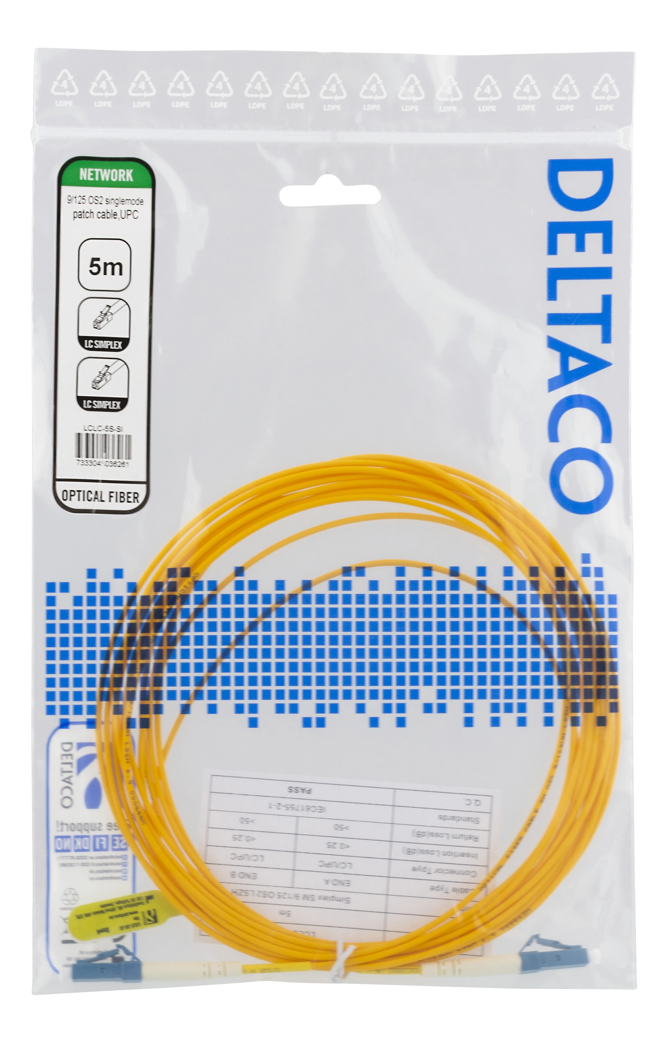 Optinis kabelis DELTACO OS2, LC - LC, simplex, singlemode, UPC, 9/125, 5m / LCLC-5S-SI