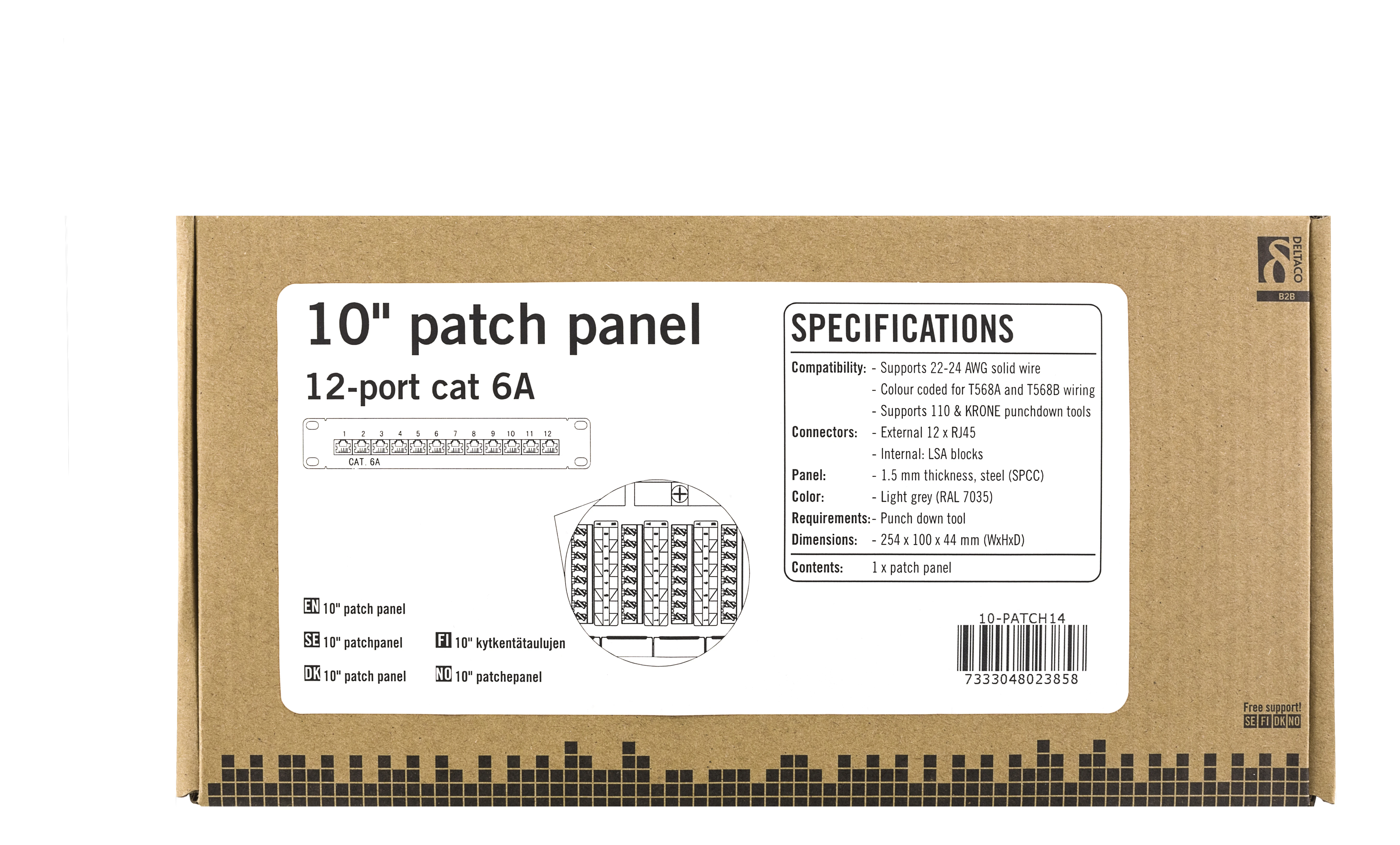 Panelė DELTACO 10", 12xRJ45, Cat6a, STP, 10Gbps, metalinė, pilka / 10-PATCH14