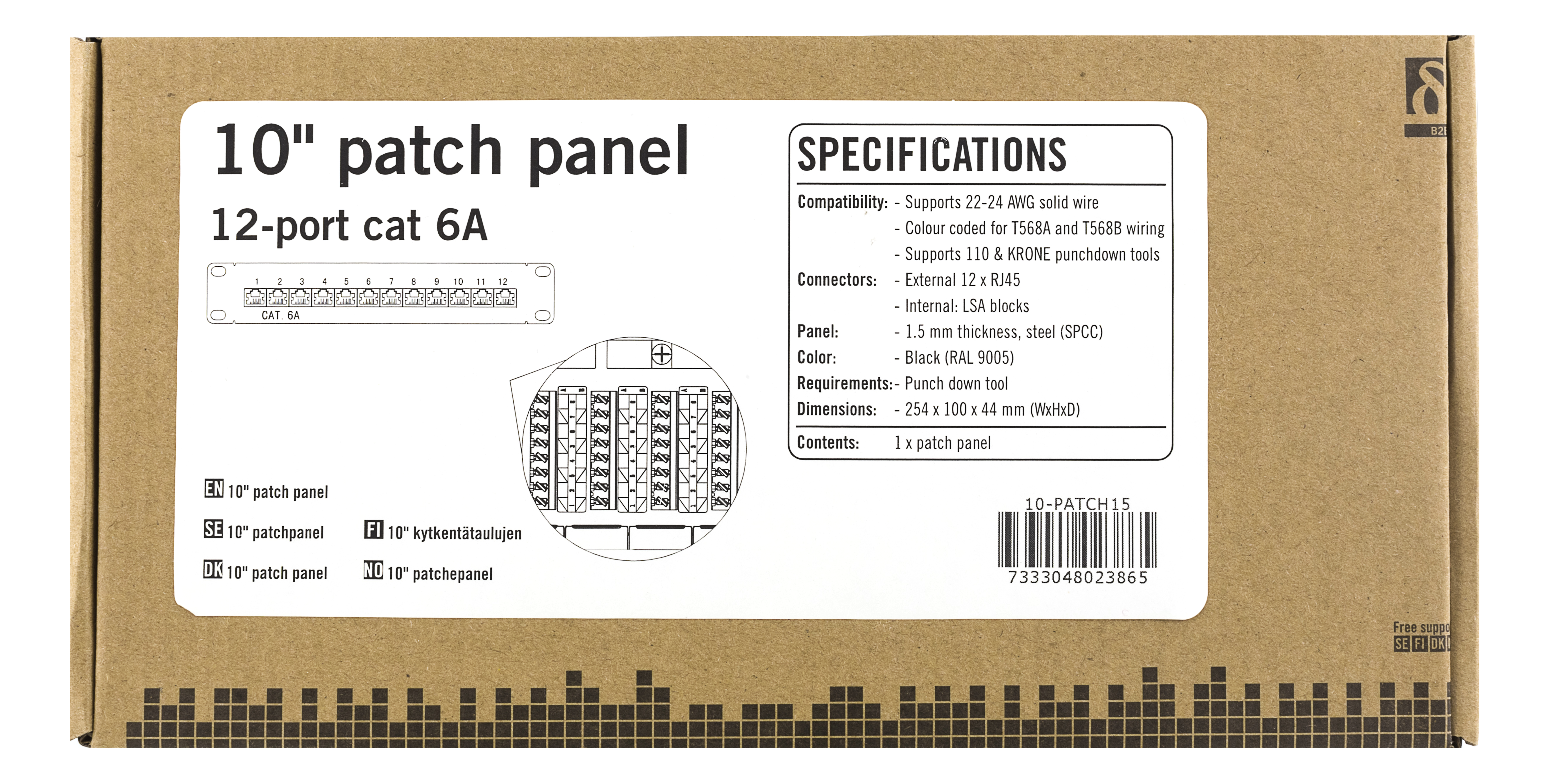 Panelė DELTACO 10", 12xRJ45, Cat6a, STP, 10Gbps, metalinė, juoda / 10-PATCH15