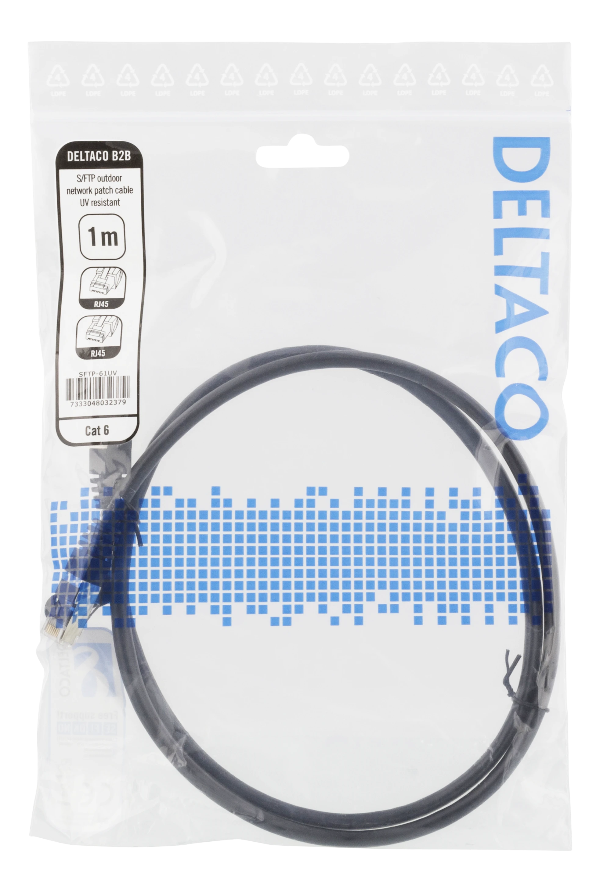 Patch kabelis DELTACO S/FTP Cat6, 1m, 250MHz, UV atsparus, juodas / SFTP-61UV