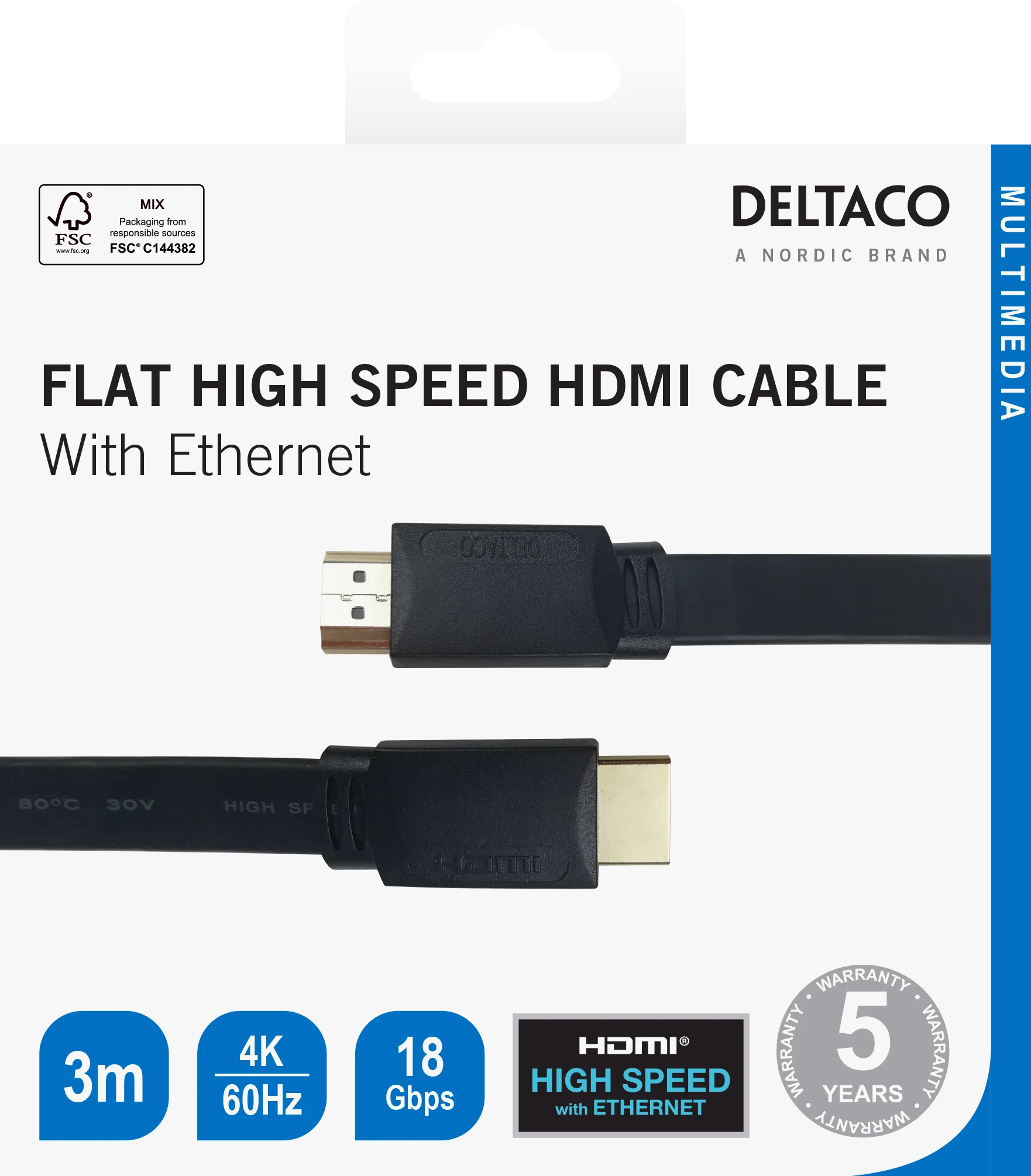Deltaco plokščias HDMI laidas, matomas jungčių stambus planas
