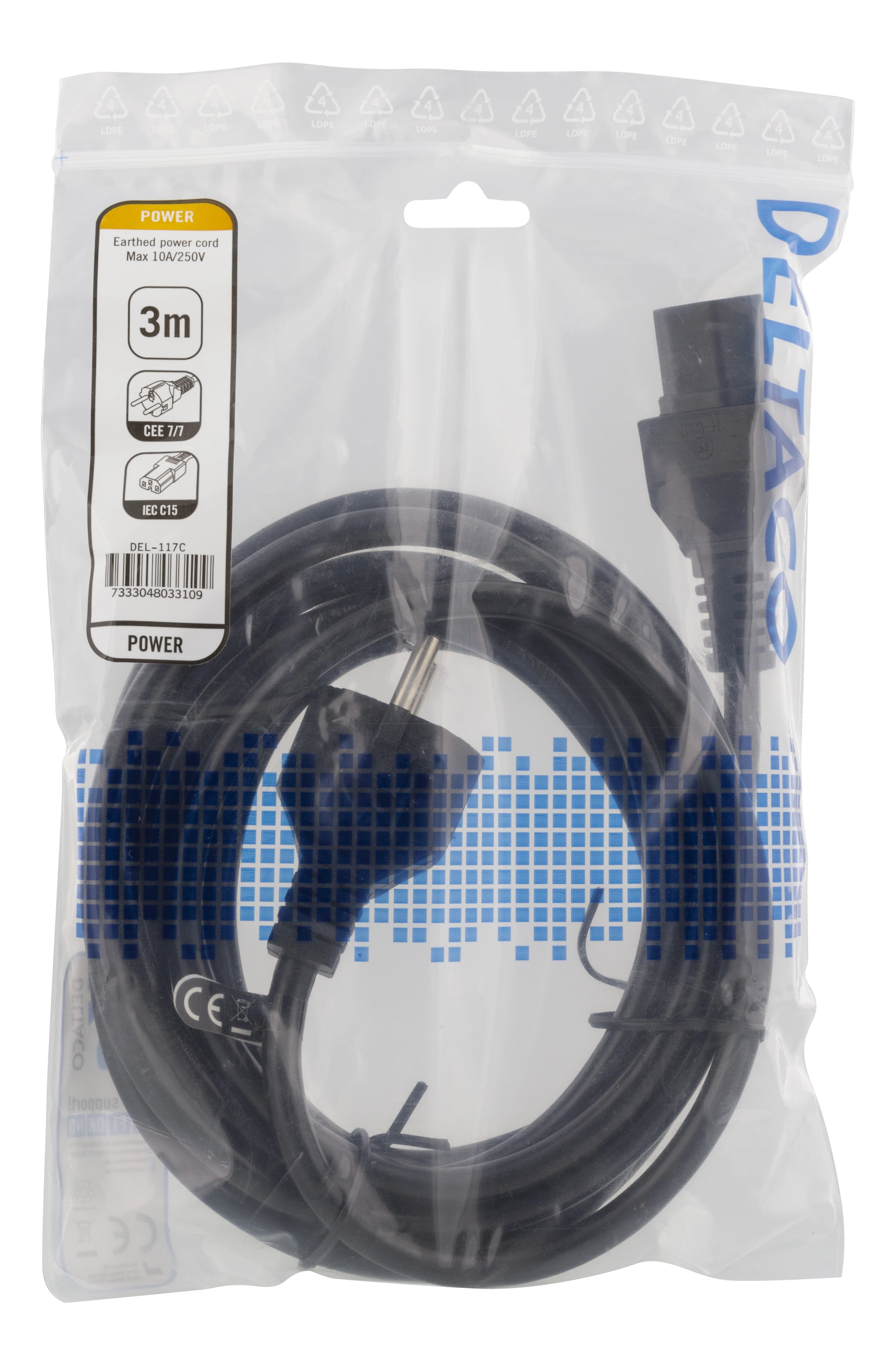 Prailginimo kabelis DELTACO 3m, įžemintas, tiesus IEC 60320 C15 į tiesų CEE 7/7, max 250V / 10A, juodas / DEL-117C