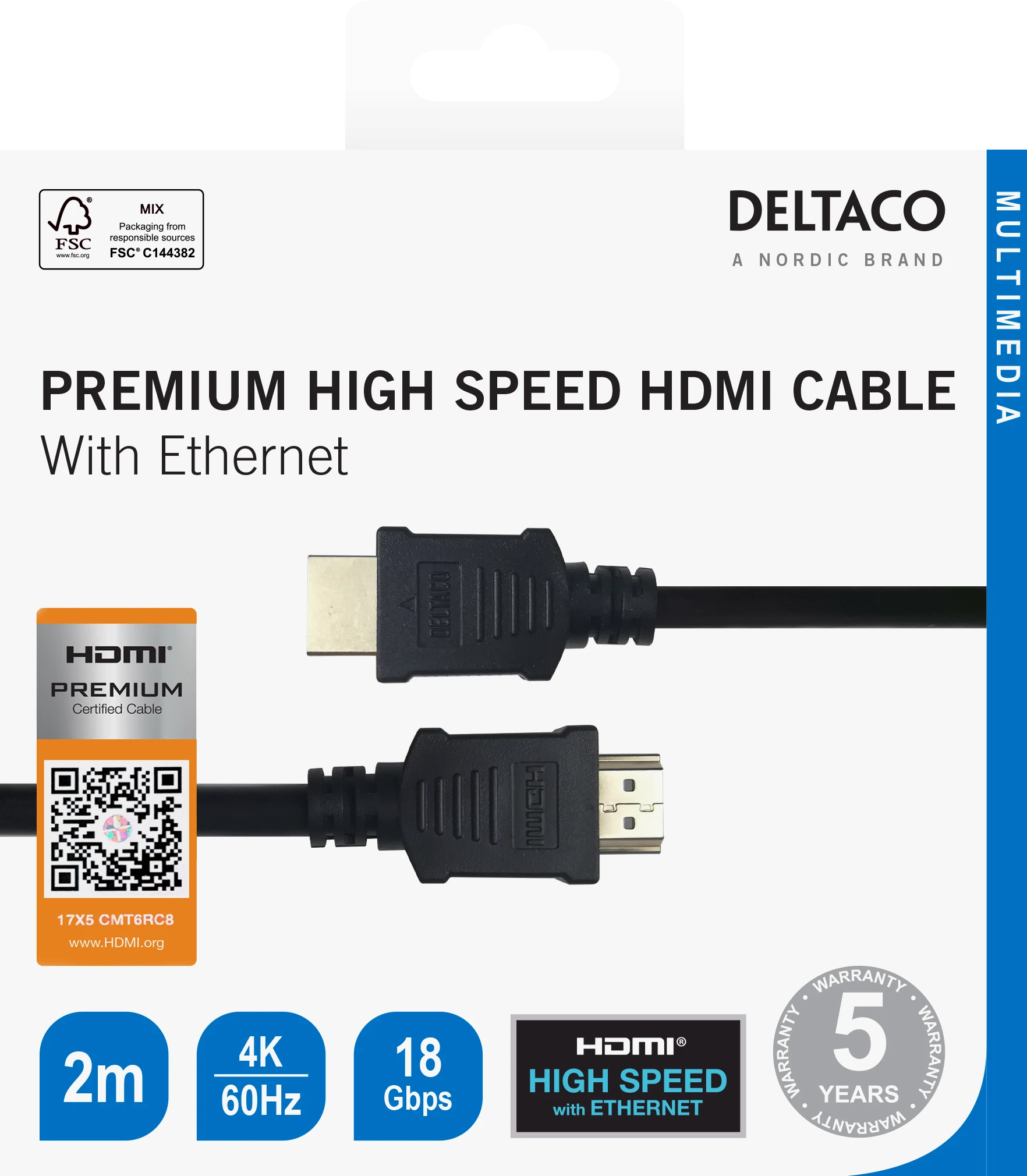 Deltaco HDMI kabelio pakuotė su techninėmis specifikacijomis