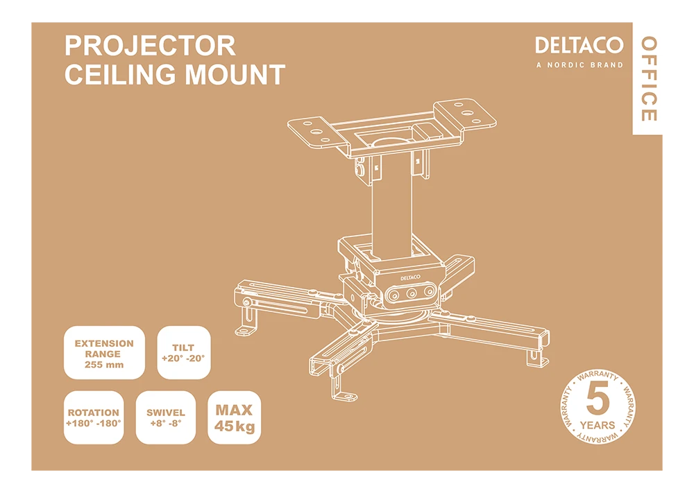 Projektoriaus laikiklis DELTACO OFFICE plokščioms / pasvirusioms luboms, pakreipiamas, pasukamas, 45 kg, juodas / ARM-0410
