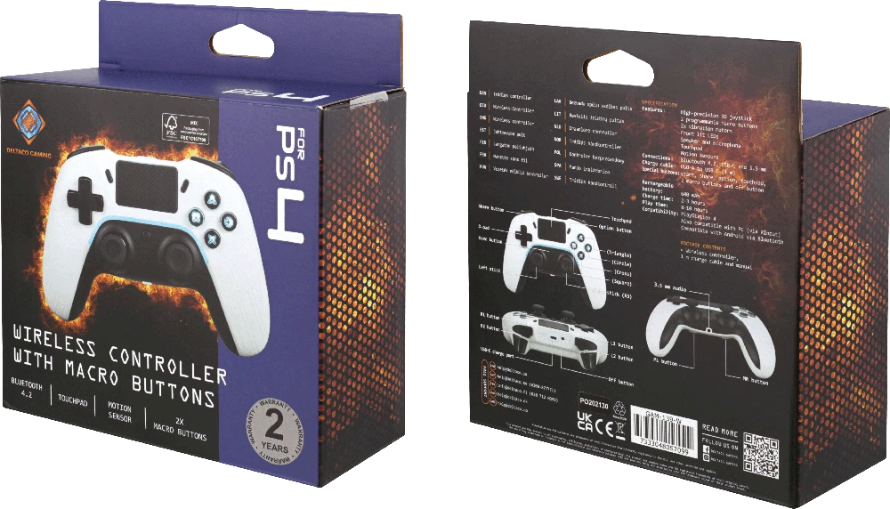 PS4/PC/Android/iOS valdiklis DELTACO GAMING Bluetooth, 2 programuojami makrokomandos mygtukai, baltas / GAM-139-W