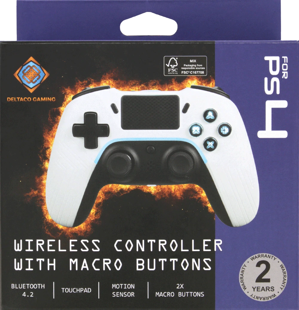 PS4/PC/Android/iOS valdiklis DELTACO GAMING Bluetooth, 2 programuojami makrokomandos mygtukai, baltas / GAM-139-W