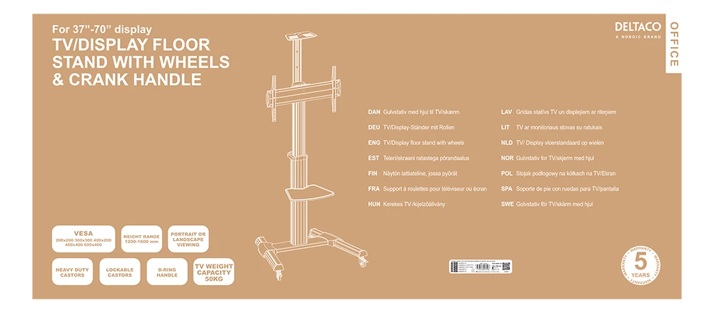 Reguliuojamo aukščio aliuminis laikiklis DELTACO OFFICE su pasukamais ratukais, 37-70", iki 50 kg, kreipiamas, pasukamas, pilkas / ARM-0450