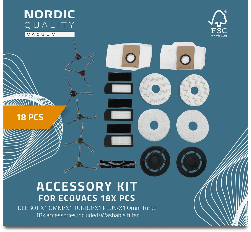 Priedų rinkinys robotui dulkių siurbliui Nordic Quality, skirtas Ecovacs DEEBOT X1 OMNI / X1 Turbo / X1 Plus, 18 dalių