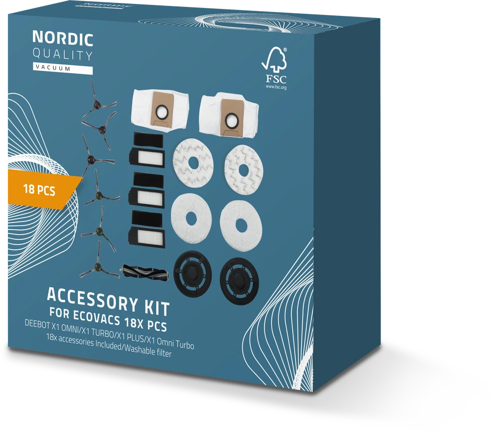 Priedų rinkinys robotui dulkių siurbliui Nordic Quality, skirtas Ecovacs DEEBOT X1 OMNI / X1 Turbo / X1 Plus, 18 dalių