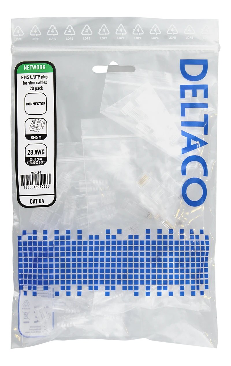 RJ45 jungtis plonam patch kabeliui DELTACO Cat6a, 28AWG, neekranuotas, įdėklas pridėtas / MD-24