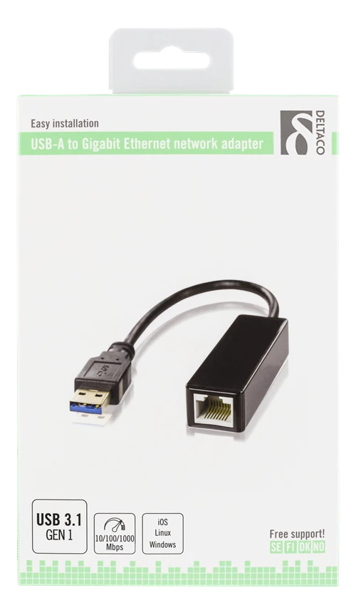 Deltaco USB į Gigabit Ethernet adapteris pakuotėje