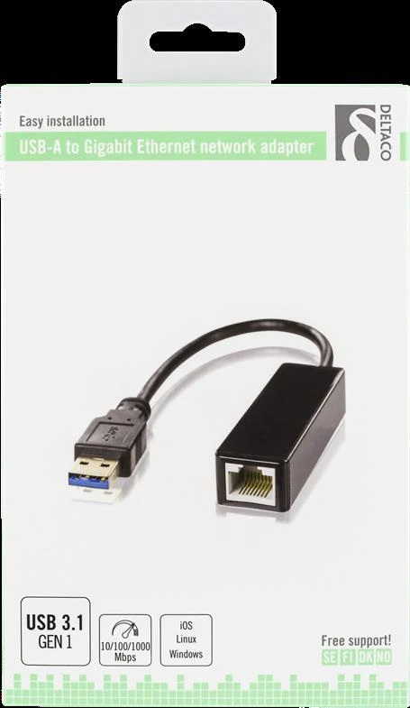 Deltaco tinklo adapteris USB-A į RJ45 pakuotėje