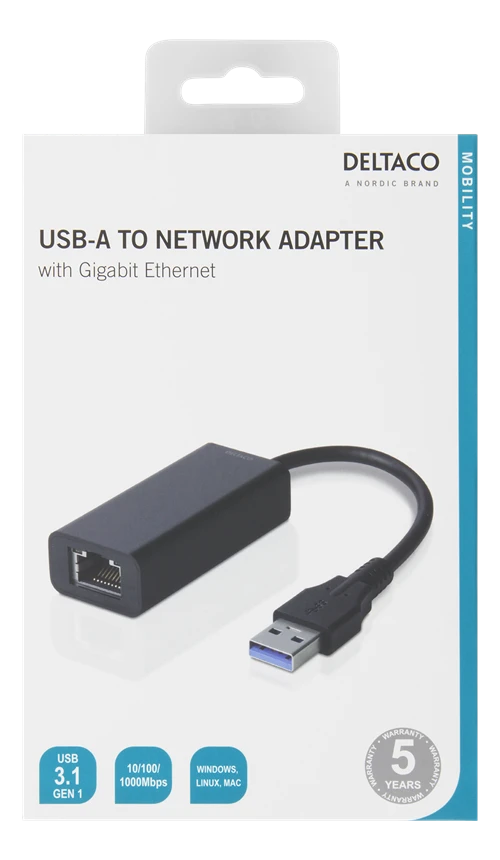 Šakotuvas DELTACO 1xRJ45, 1xUSB 3.0, juodas / USB3-GIGA5